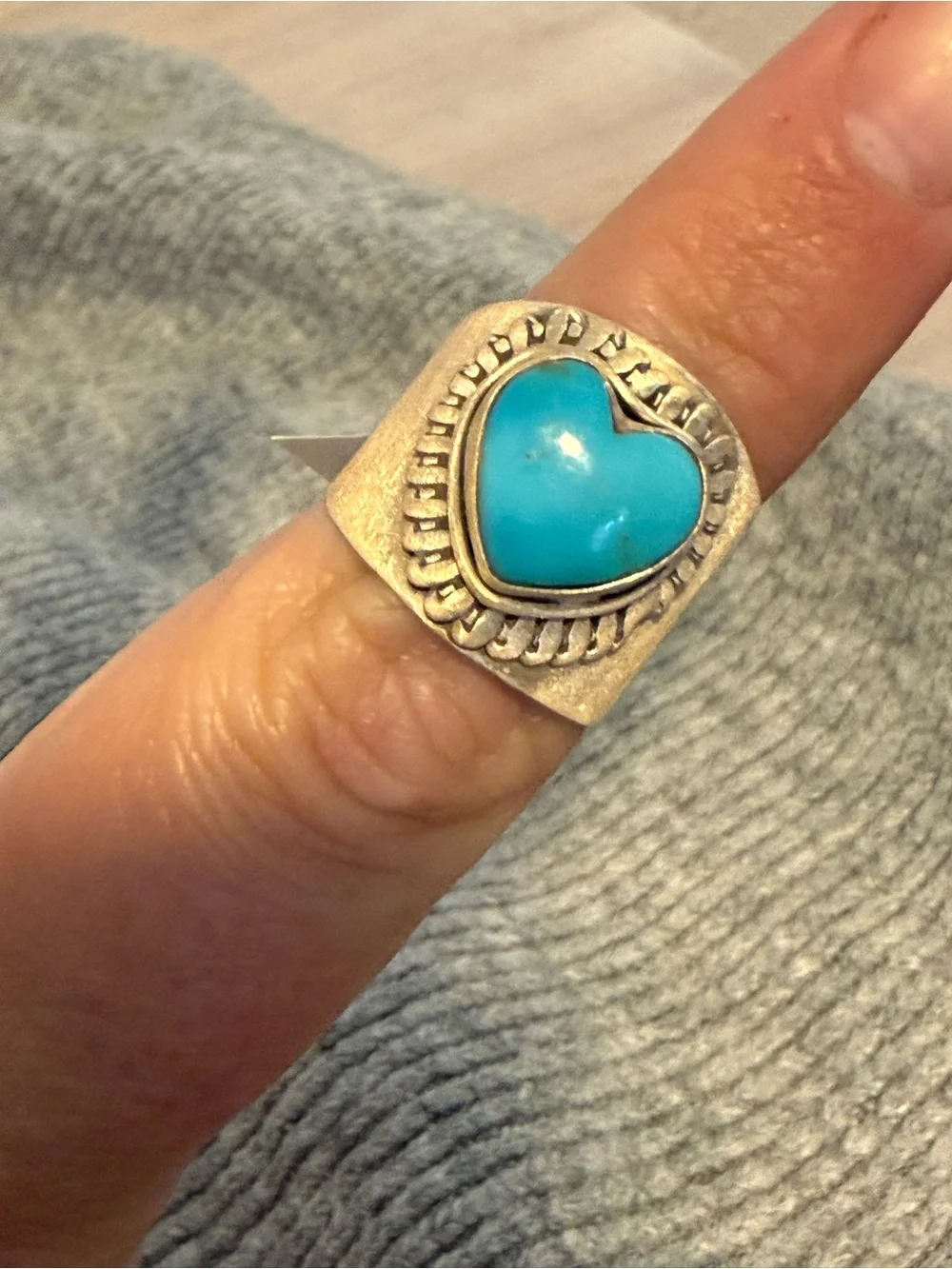 Kingman Turquoise 925 Sterling Silver Heart Cigar Band Ring - Blue Heart
